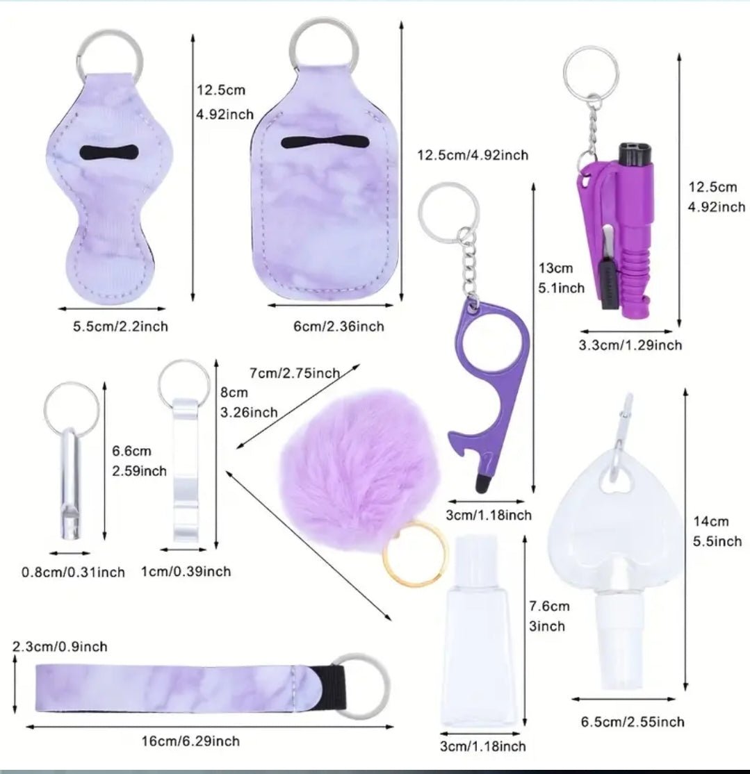 11pcs Women's Safety Set - Self & Personal Care Kit with Window Breaker, Spray Bottle, Lipgloss/Lipstick Holder, whistle pepper spray and more. - Pureblissllc