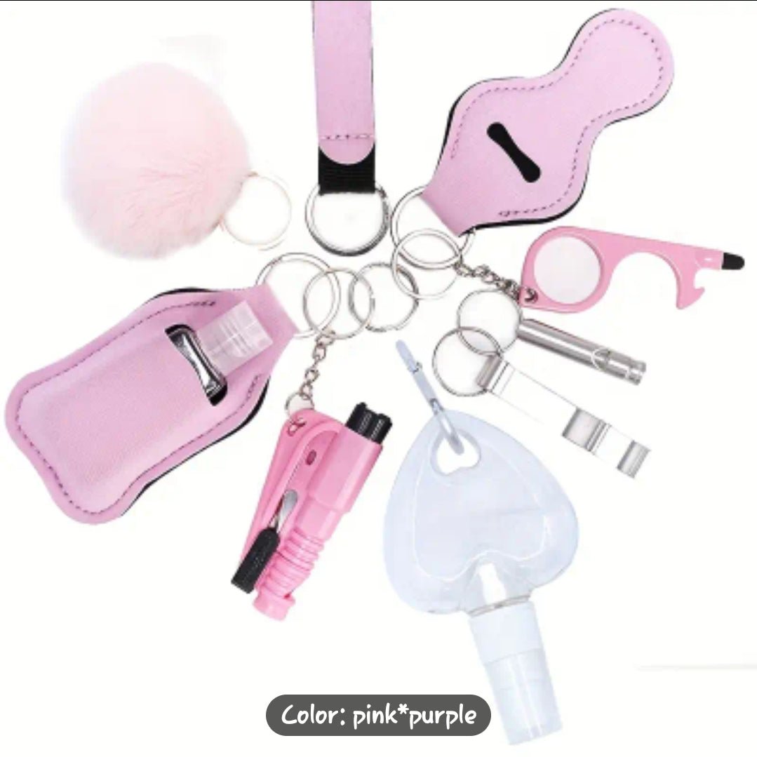 11pcs Women's Safety Set - Self & Personal Care Kit with Window Breaker, Spray Bottle, Lipgloss/Lipstick Holder, whistle pepper spray and more. - Pureblissllc