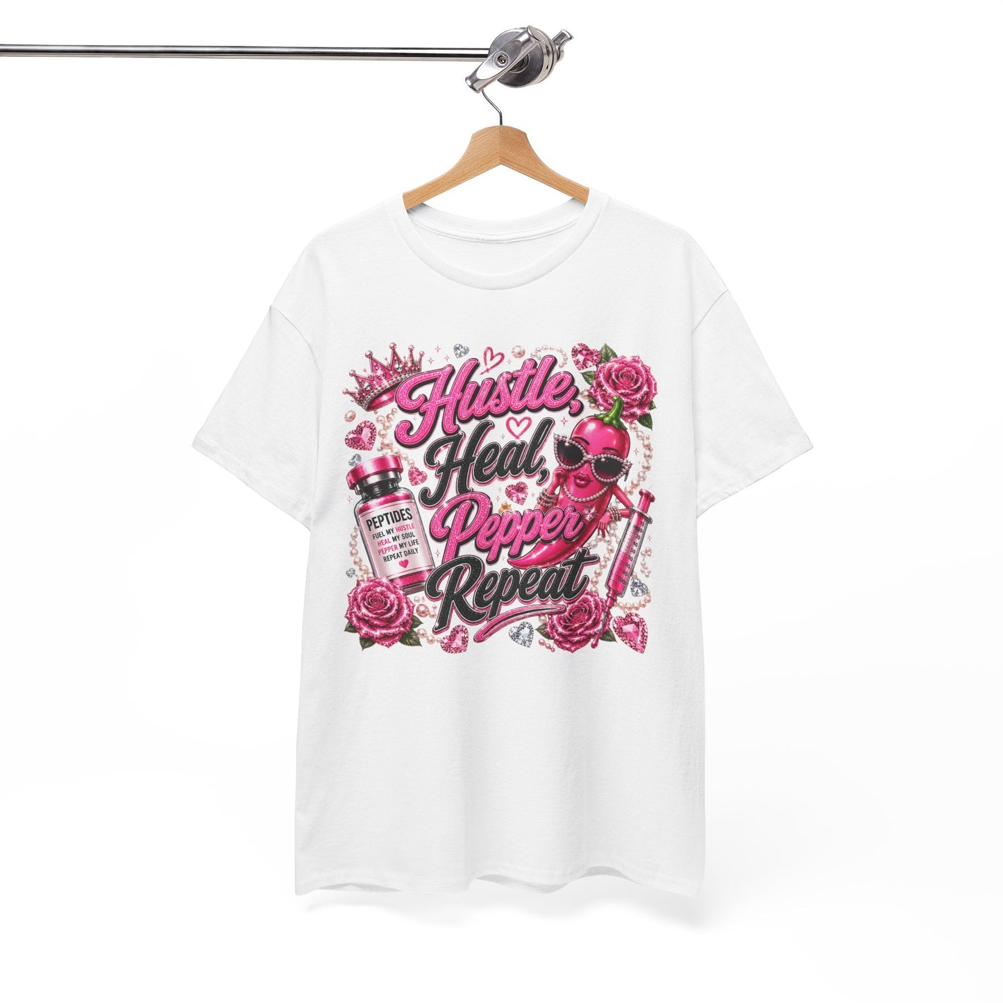 Hustle Heal Pepper Repeat Graphic Tee — Pink Skull & Roses Nurse/Medical Humor Shirt - Pureblissllc