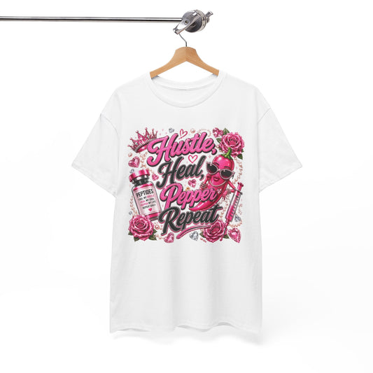 Hustle Heal Pepper Repeat Graphic Tee — Pink Skull & Roses Nurse/Medical Humor Shirt - Pureblissllc