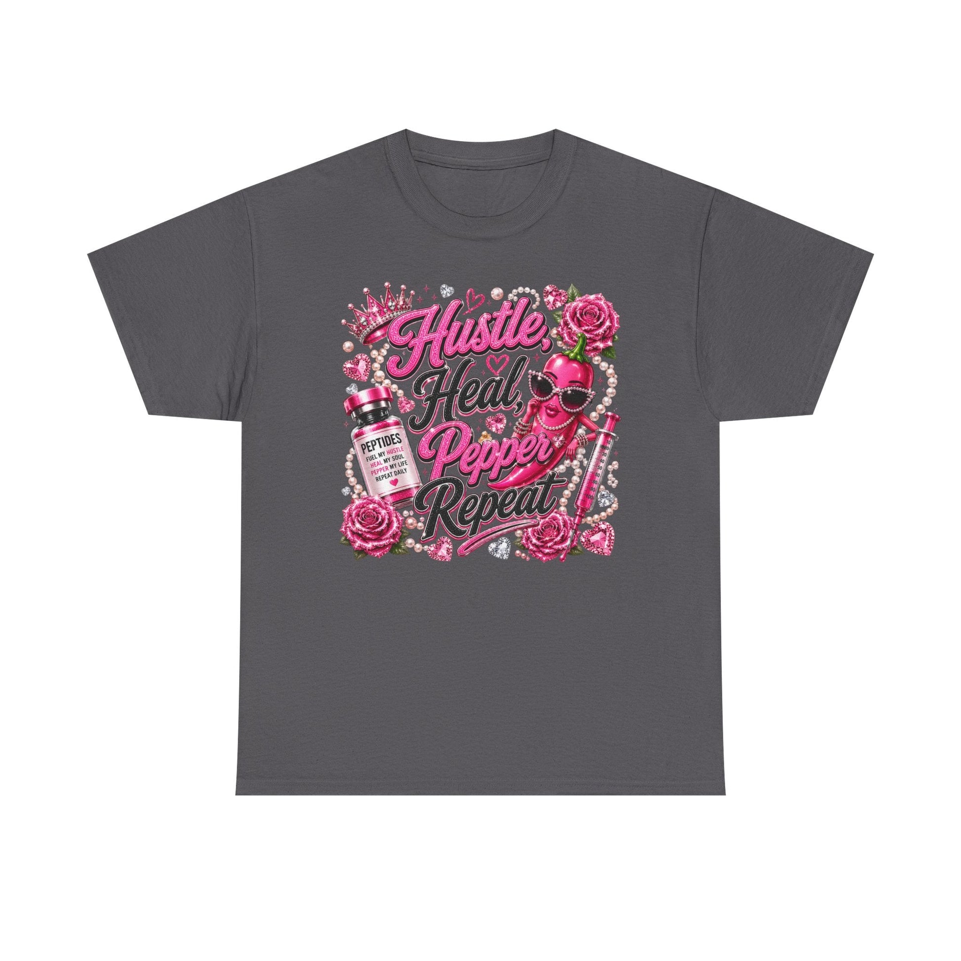 Hustle Heal Pepper Repeat Graphic Tee — Pink Skull & Roses Nurse/Medical Humor Shirt - Pureblissllc