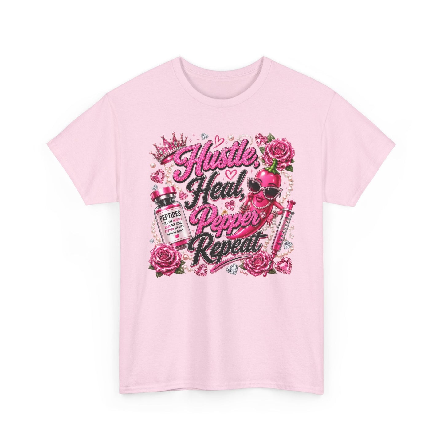 Hustle Heal Pepper Repeat Graphic Tee — Pink Skull & Roses Nurse/Medical Humor Shirt - Pureblissllc