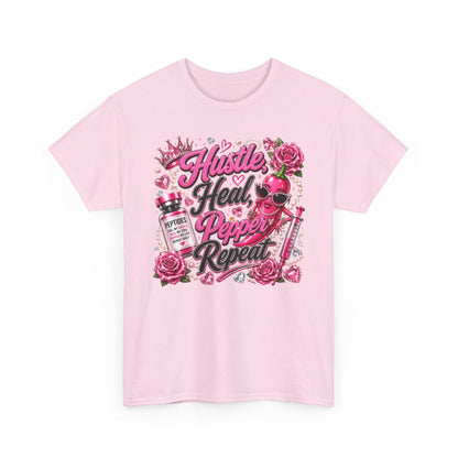 Hustle Heal Pepper Repeat Graphic Tee — Pink Skull & Roses Nurse/Medical Humor Shirt - Pureblissllc