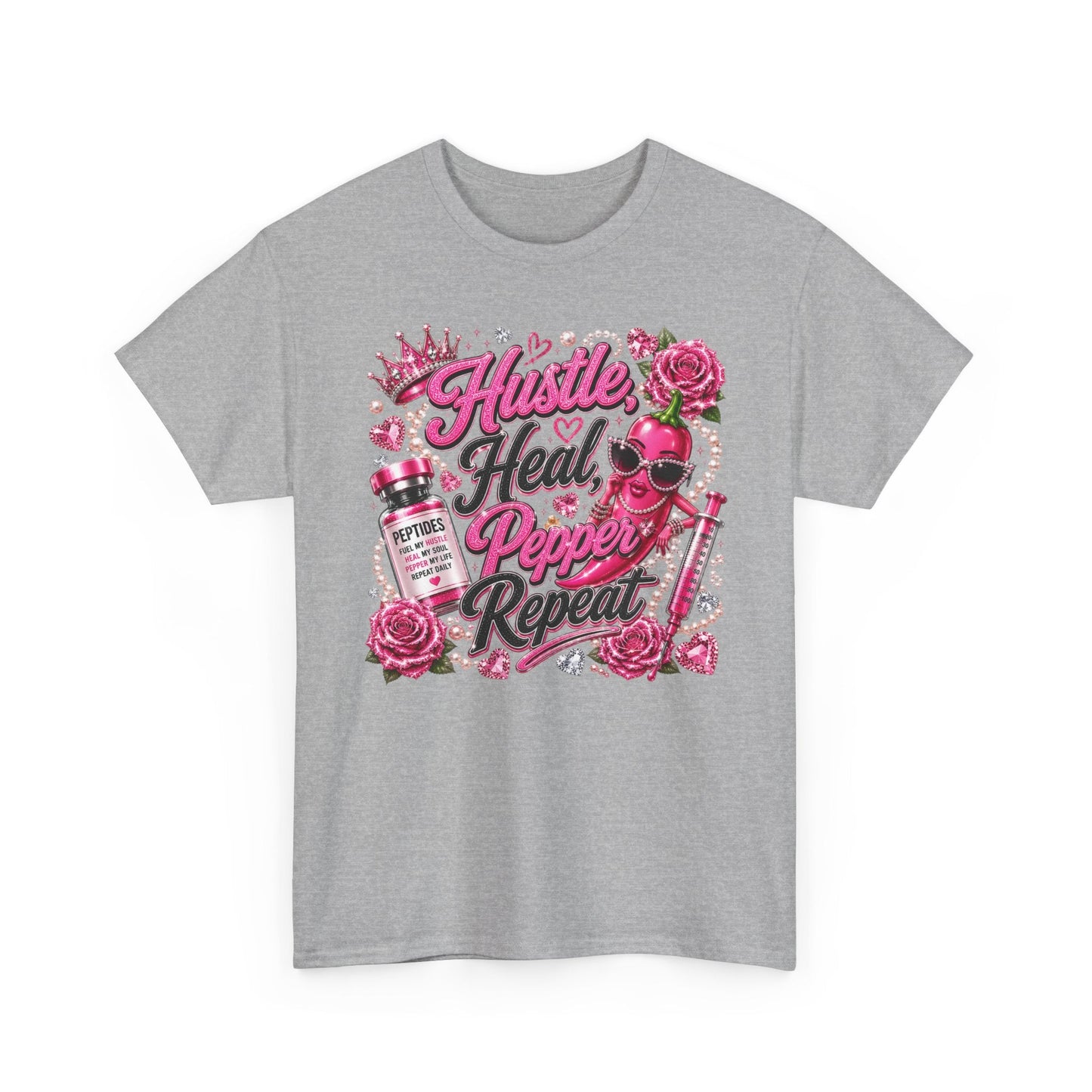 Hustle Heal Pepper Repeat Graphic Tee — Pink Skull & Roses Nurse/Medical Humor Shirt - Pureblissllc