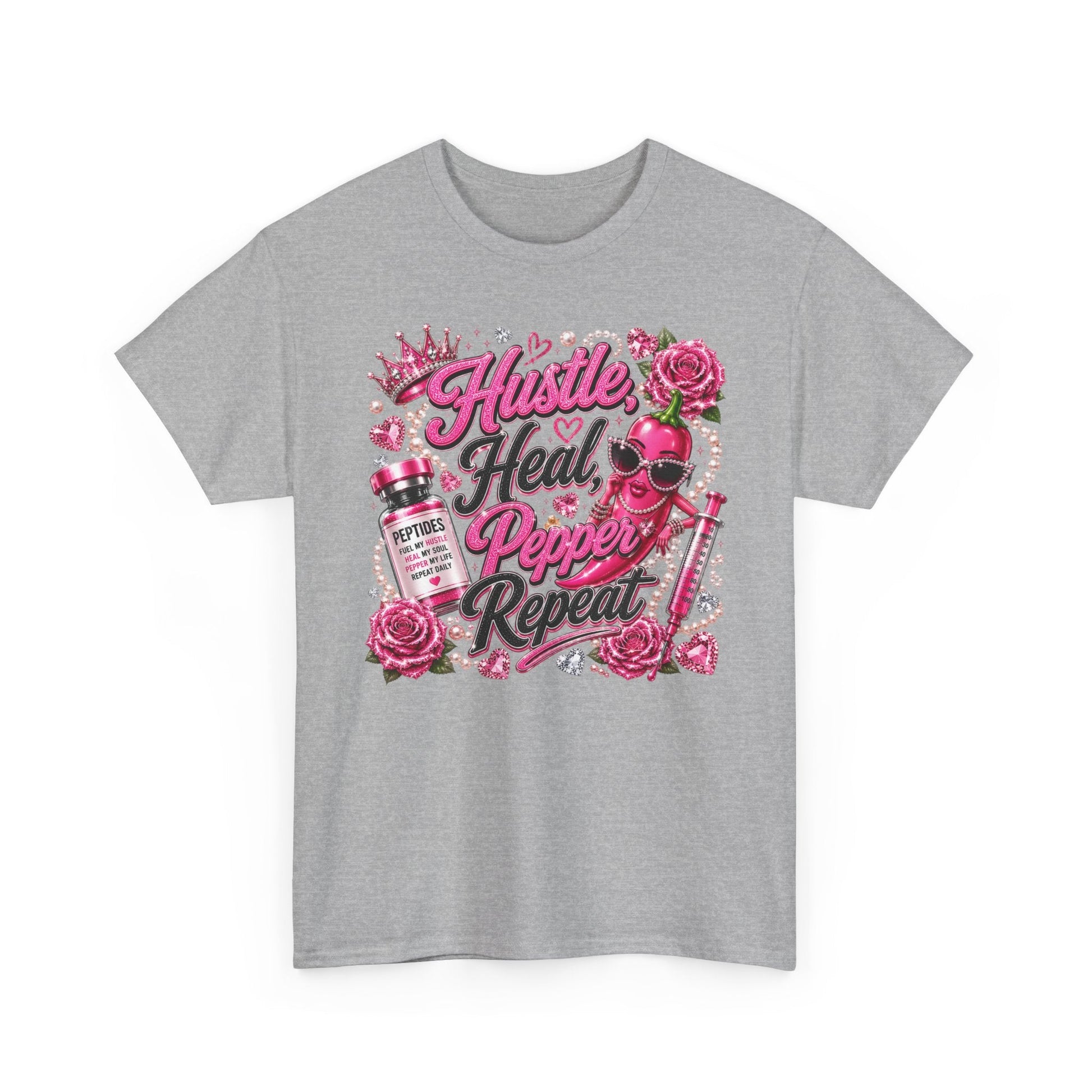 Hustle Heal Pepper Repeat Graphic Tee — Pink Skull & Roses Nurse/Medical Humor Shirt - Pureblissllc