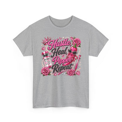 Hustle Heal Pepper Repeat Graphic Tee — Pink Skull & Roses Nurse/Medical Humor Shirt - Pureblissllc