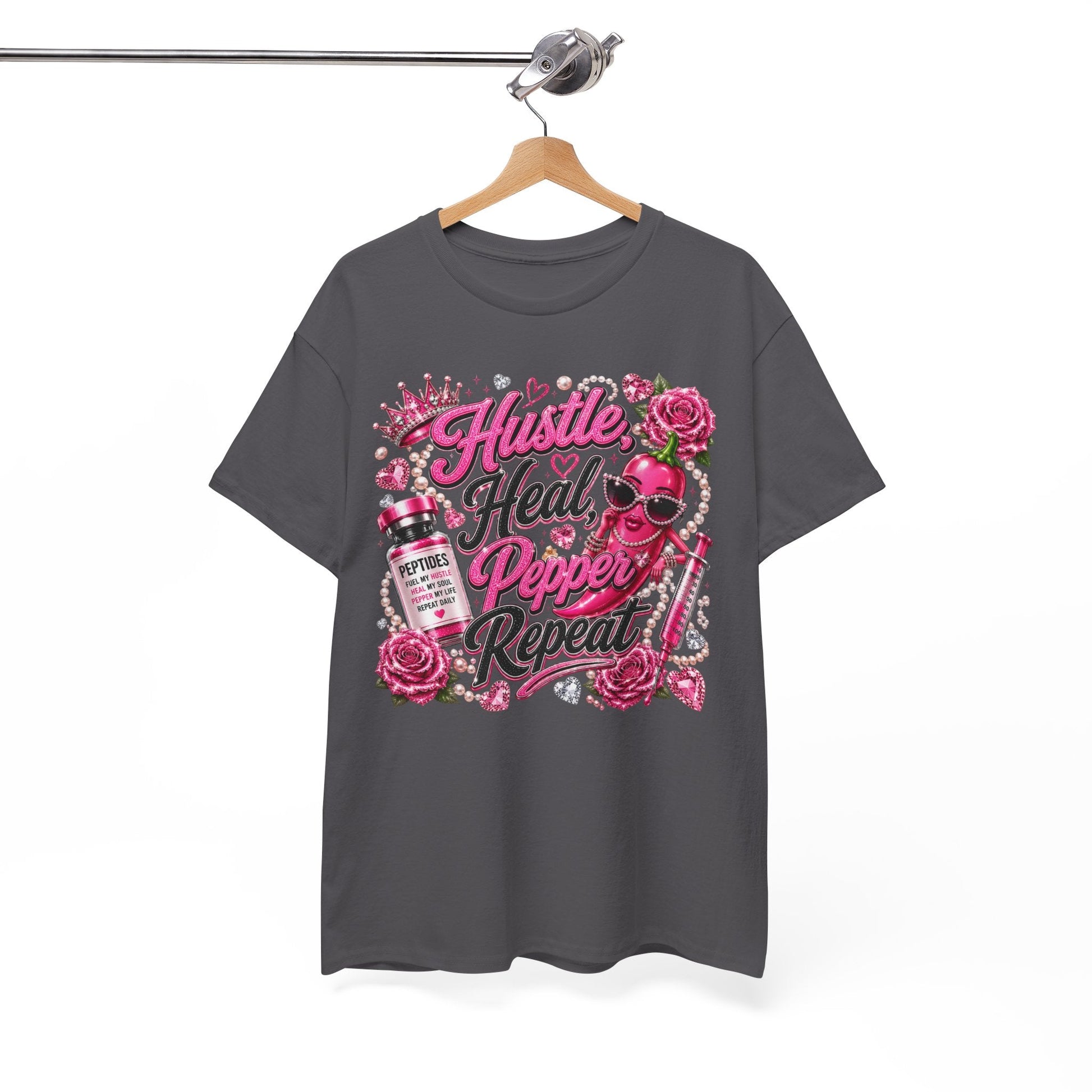Hustle Heal Pepper Repeat Graphic Tee — Pink Skull & Roses Nurse/Medical Humor Shirt - Pureblissllc