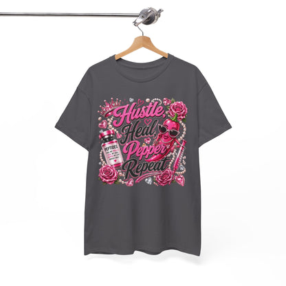 Hustle Heal Pepper Repeat Graphic Tee — Pink Skull & Roses Nurse/Medical Humor Shirt - Pureblissllc