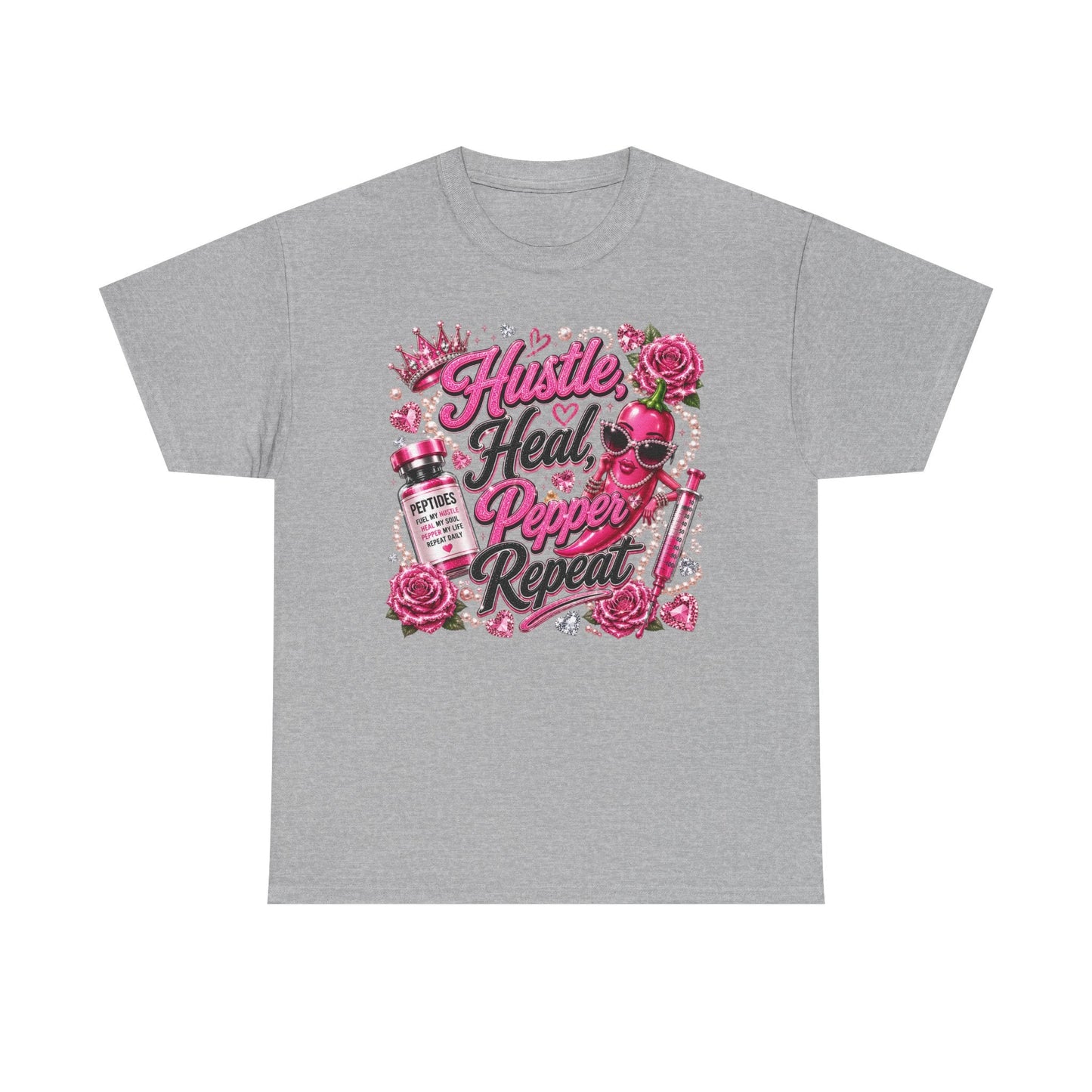 Hustle Heal Pepper Repeat Graphic Tee — Pink Skull & Roses Nurse/Medical Humor Shirt - Pureblissllc