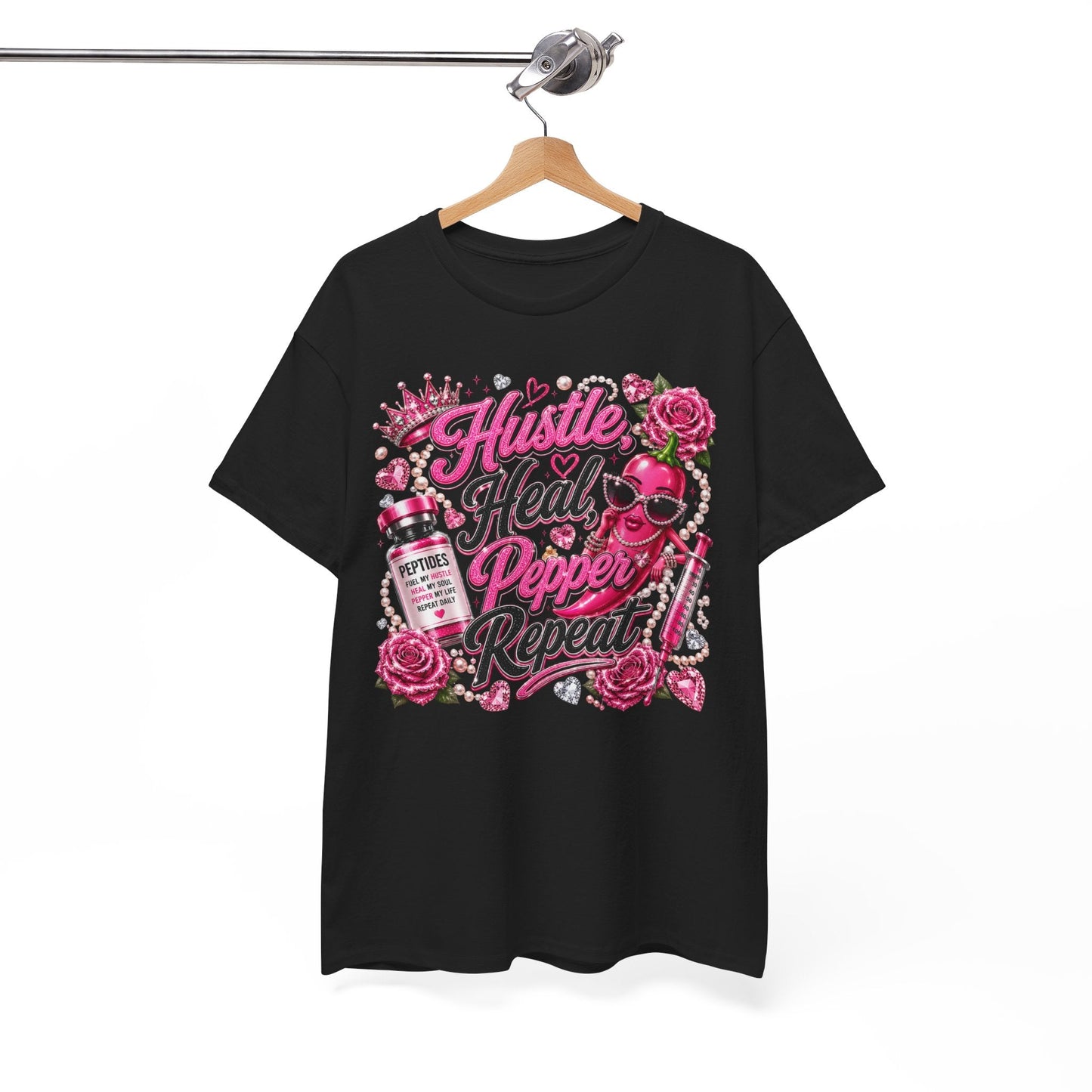 Hustle Heal Pepper Repeat Graphic Tee — Pink Skull & Roses Nurse/Medical Humor Shirt - Pureblissllc