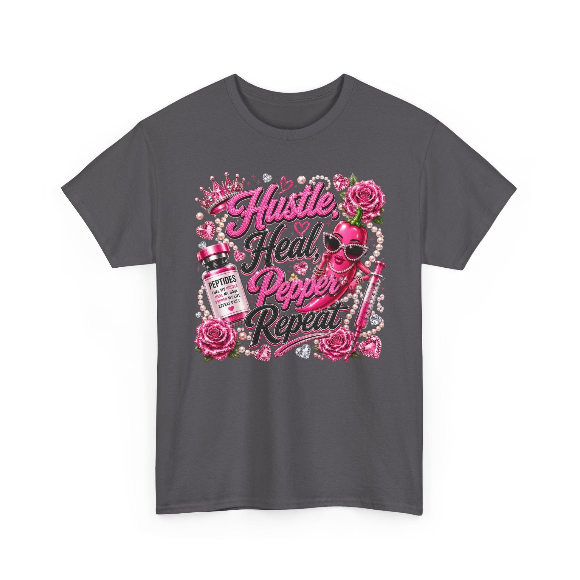 Hustle Heal Pepper Repeat Graphic Tee — Pink Skull & Roses Nurse/Medical Humor Shirt - Pureblissllc