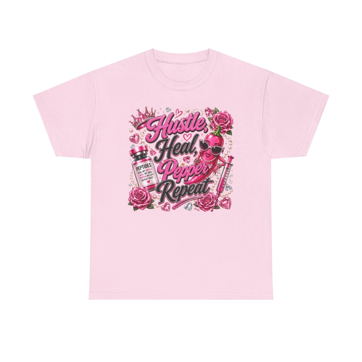 Hustle Heal Pepper Repeat Graphic Tee — Pink Skull & Roses Nurse/Medical Humor Shirt - Pureblissllc