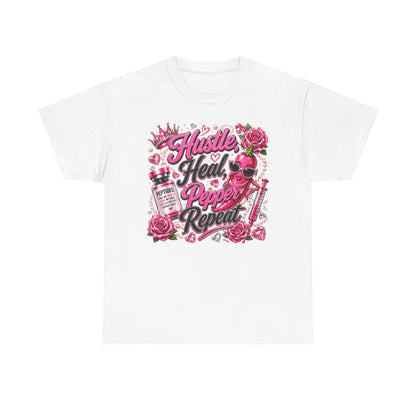 Hustle Heal Pepper Repeat Graphic Tee — Pink Skull & Roses Nurse/Medical Humor Shirt - Pureblissllc