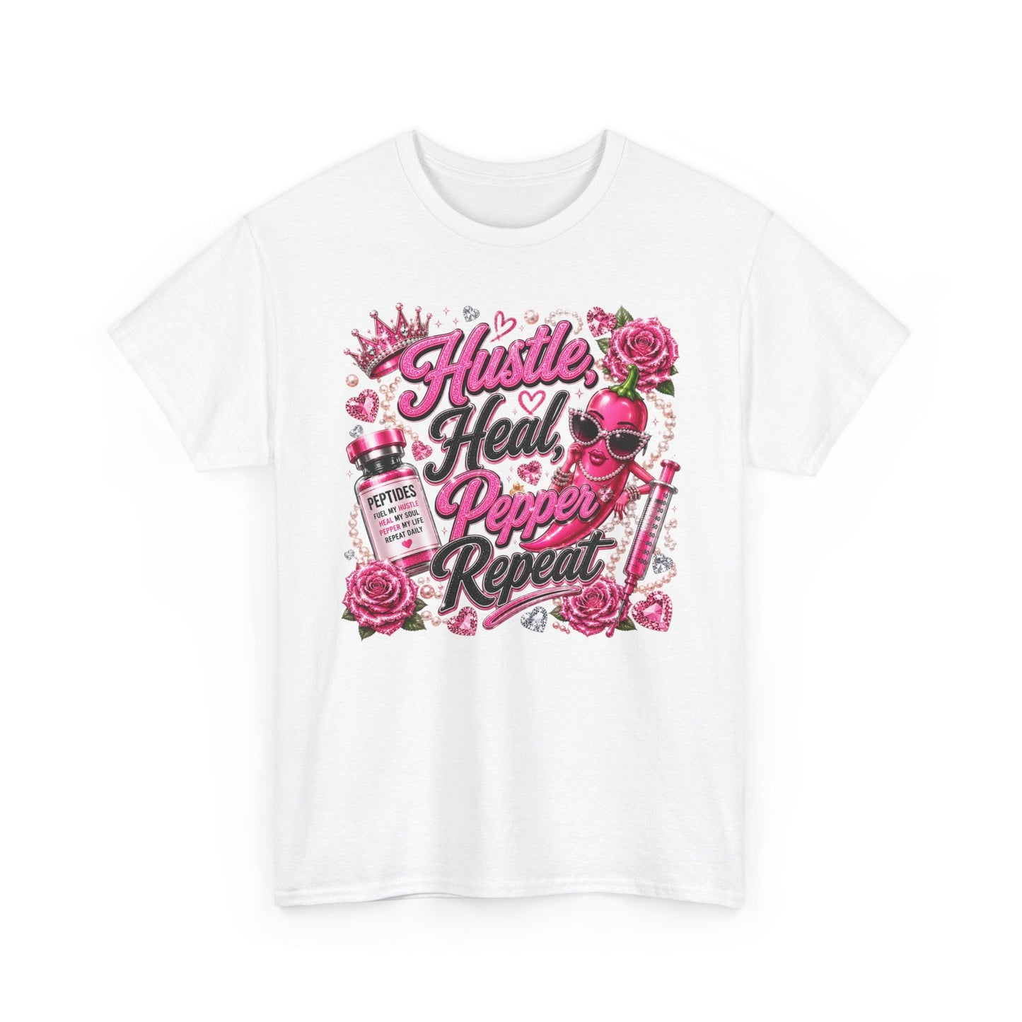Hustle Heal Pepper Repeat Graphic Tee — Pink Skull & Roses Nurse/Medical Humor Shirt - Pureblissllc