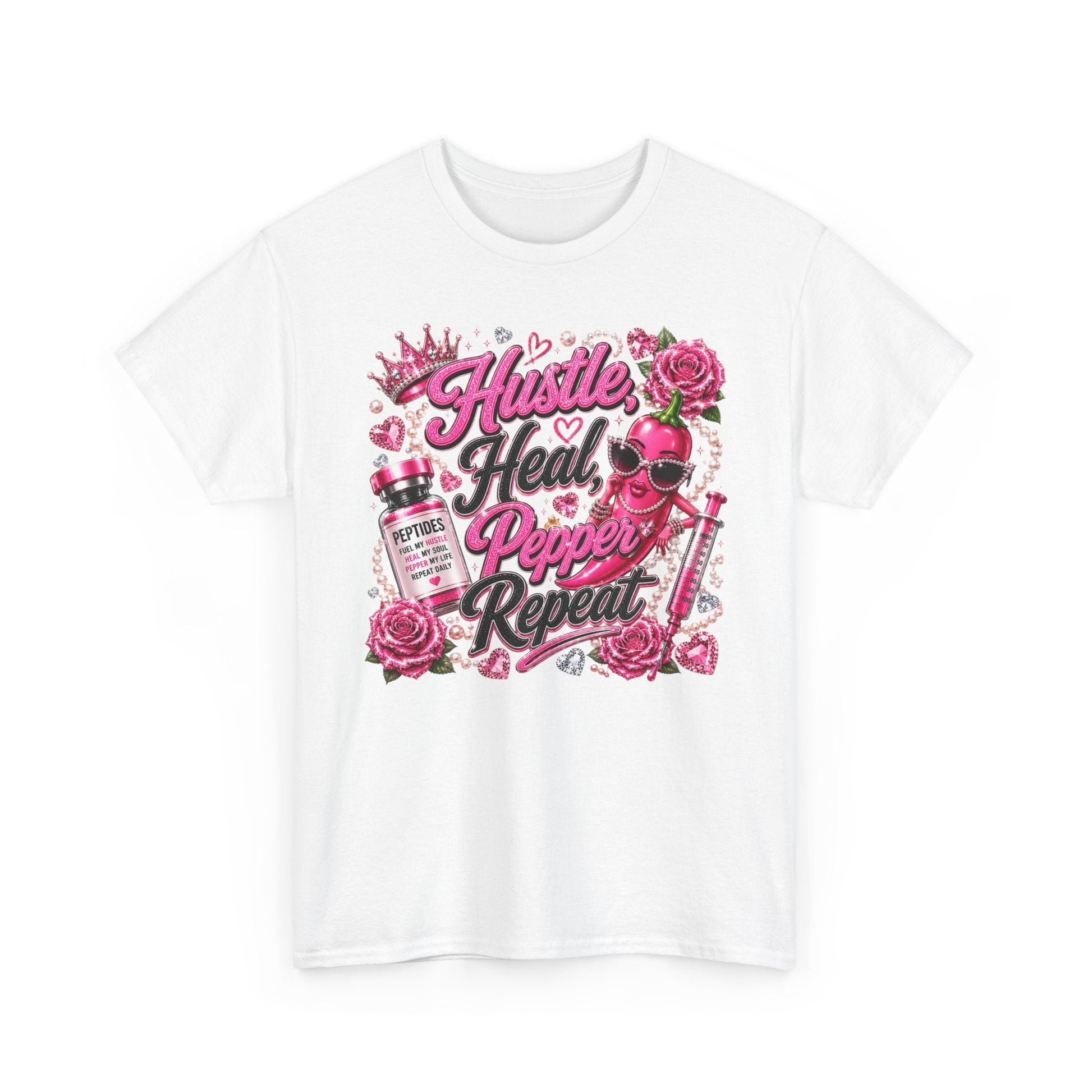 Hustle Heal Pepper Repeat Graphic Tee — Pink Skull & Roses Nurse/Medical Humor Shirt - Pureblissllc