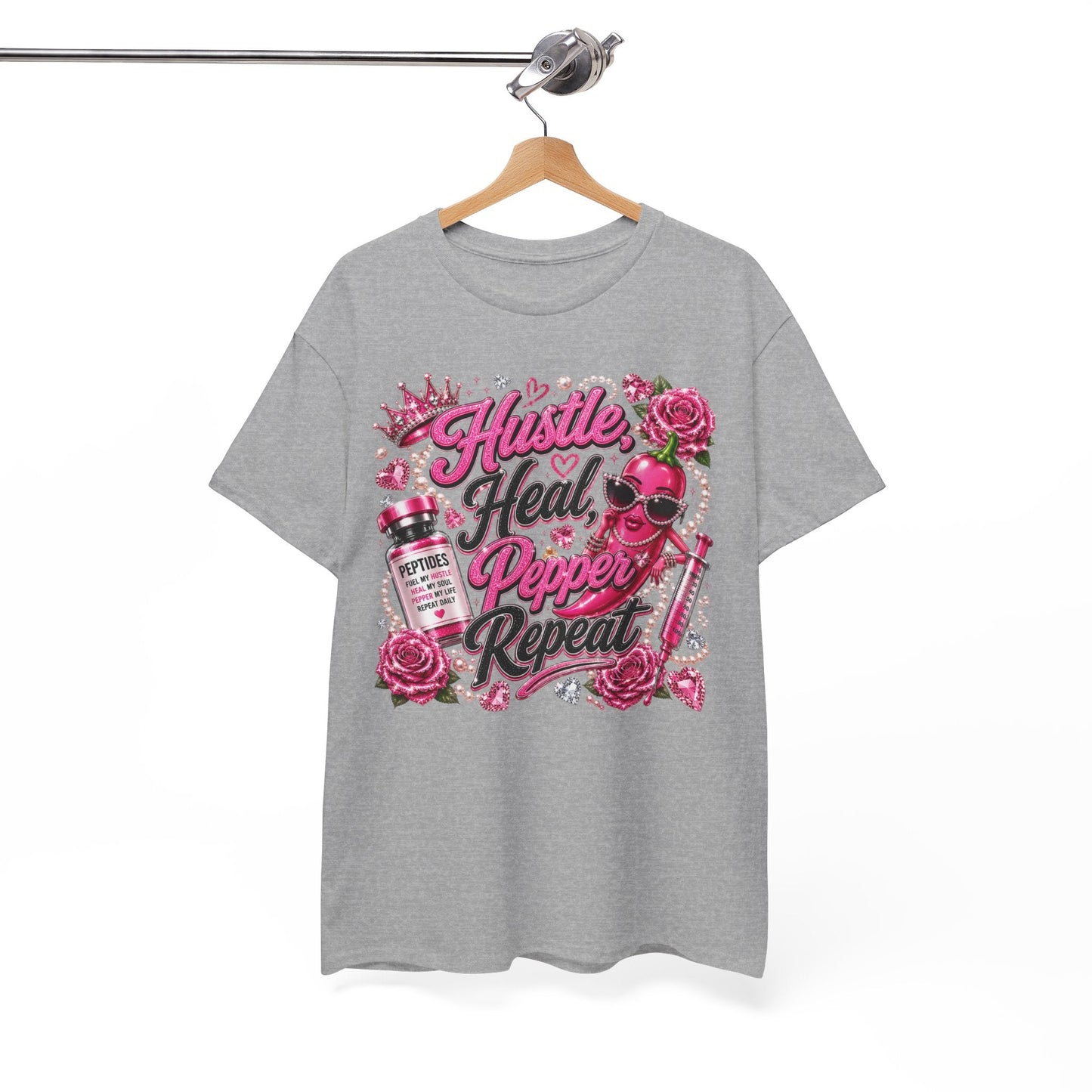 Hustle Heal Pepper Repeat Graphic Tee — Pink Skull & Roses Nurse/Medical Humor Shirt - Pureblissllc