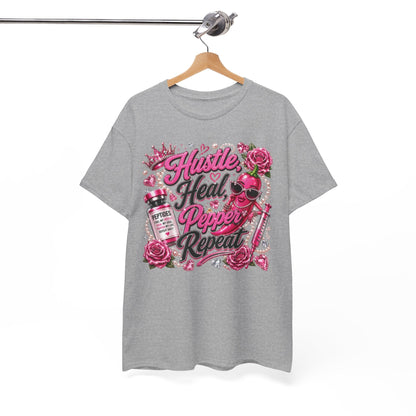 Hustle Heal Pepper Repeat Graphic Tee — Pink Skull & Roses Nurse/Medical Humor Shirt - Pureblissllc
