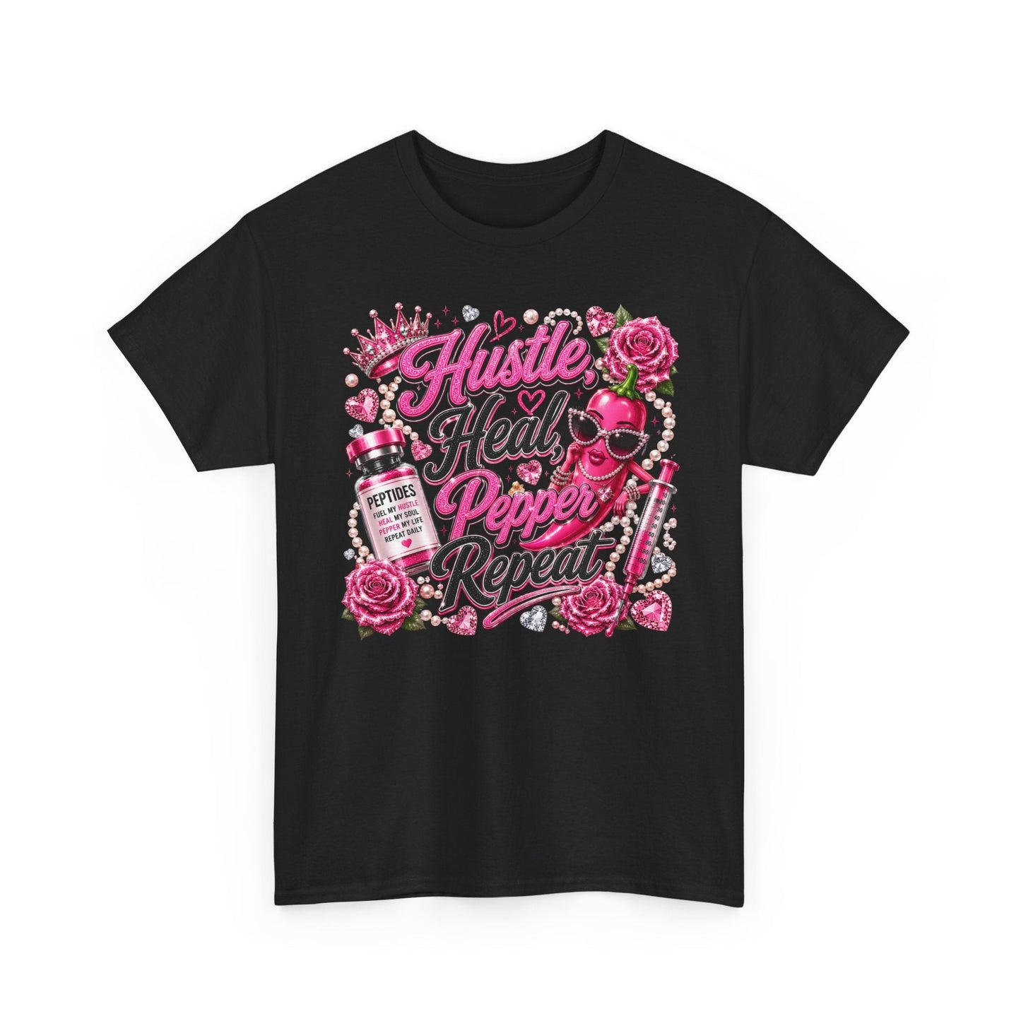 Hustle Heal Pepper Repeat Graphic Tee — Pink Skull & Roses Nurse/Medical Humor Shirt - Pureblissllc