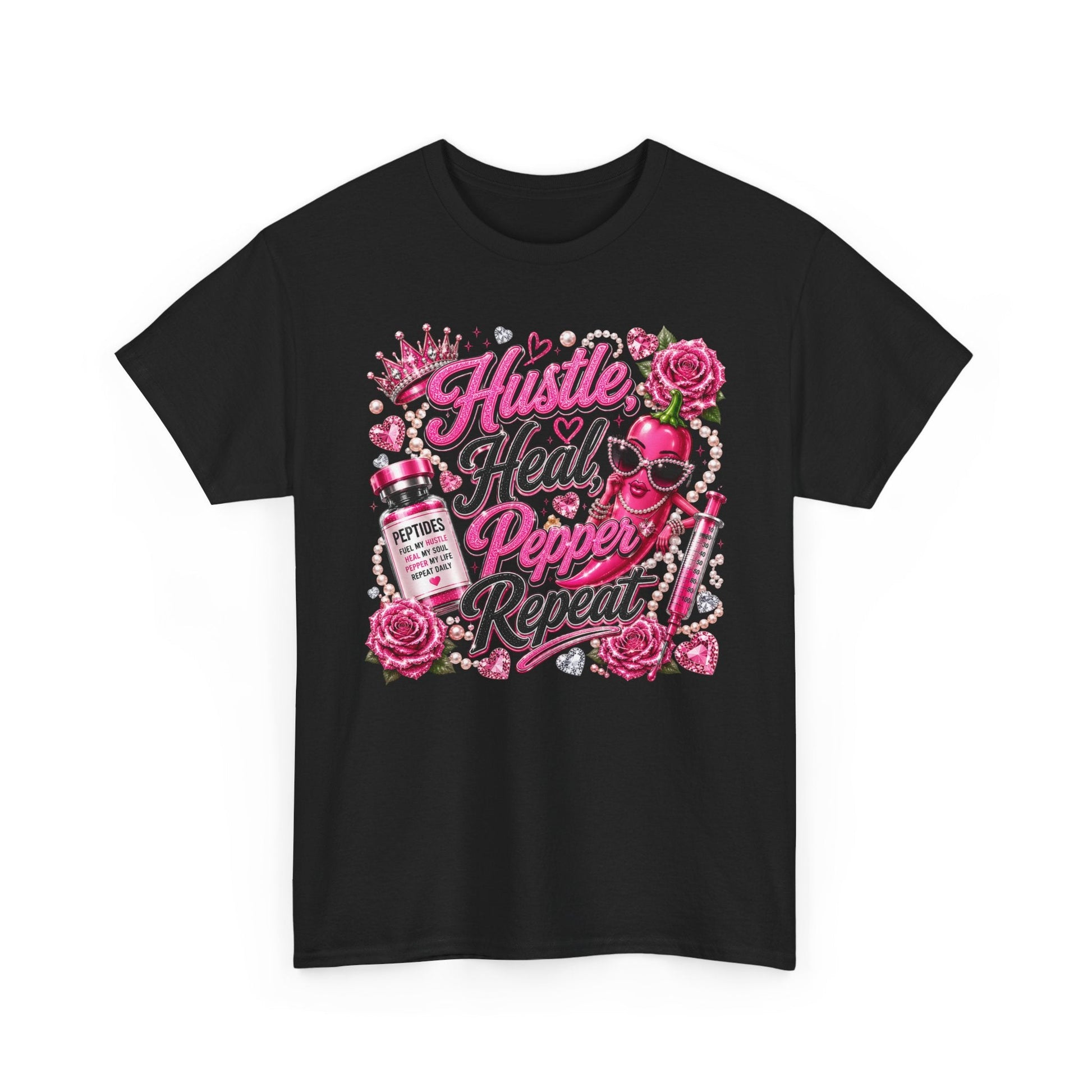 Hustle Heal Pepper Repeat Graphic Tee — Pink Skull & Roses Nurse/Medical Humor Shirt - Pureblissllc