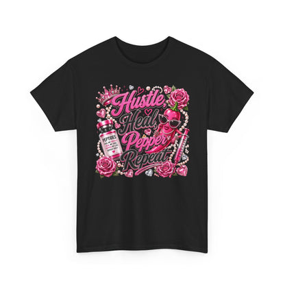 Hustle Heal Pepper Repeat Graphic Tee — Pink Skull & Roses Nurse/Medical Humor Shirt - Pureblissllc