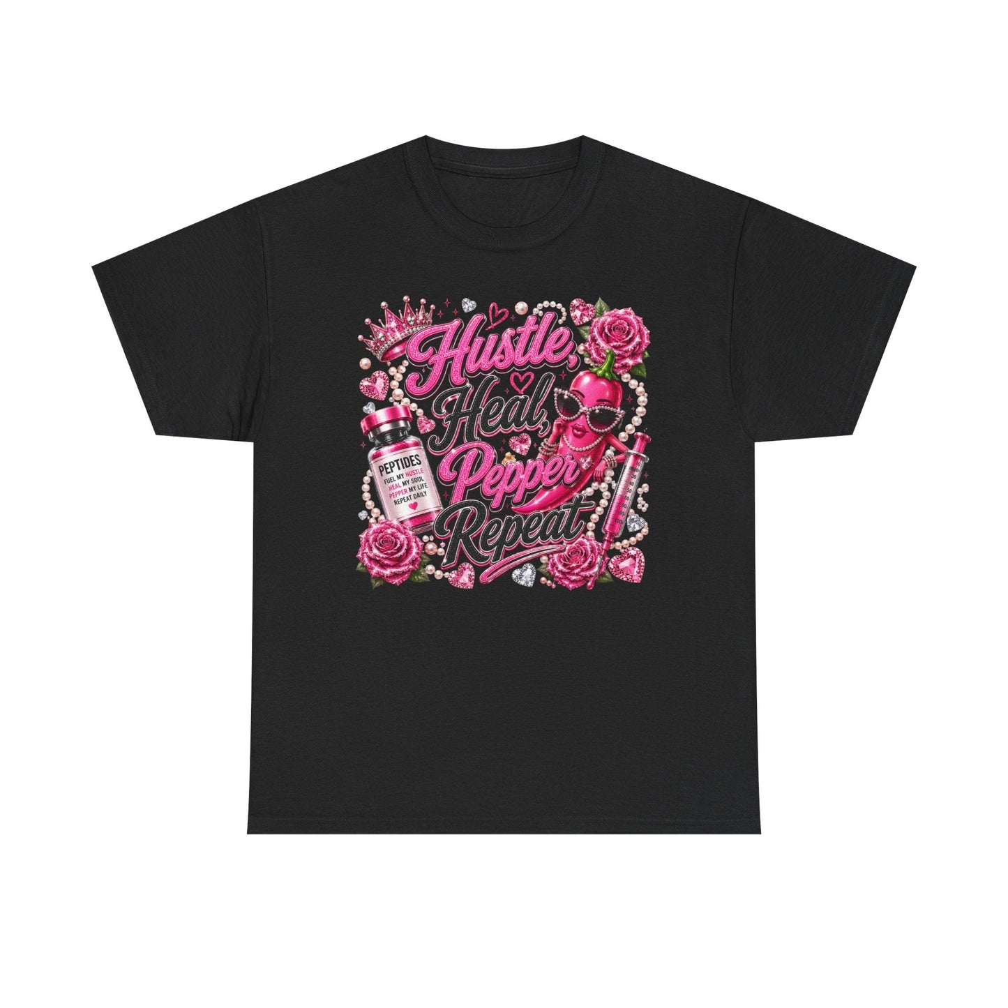 Hustle Heal Pepper Repeat Graphic Tee — Pink Skull & Roses Nurse/Medical Humor Shirt - Pureblissllc