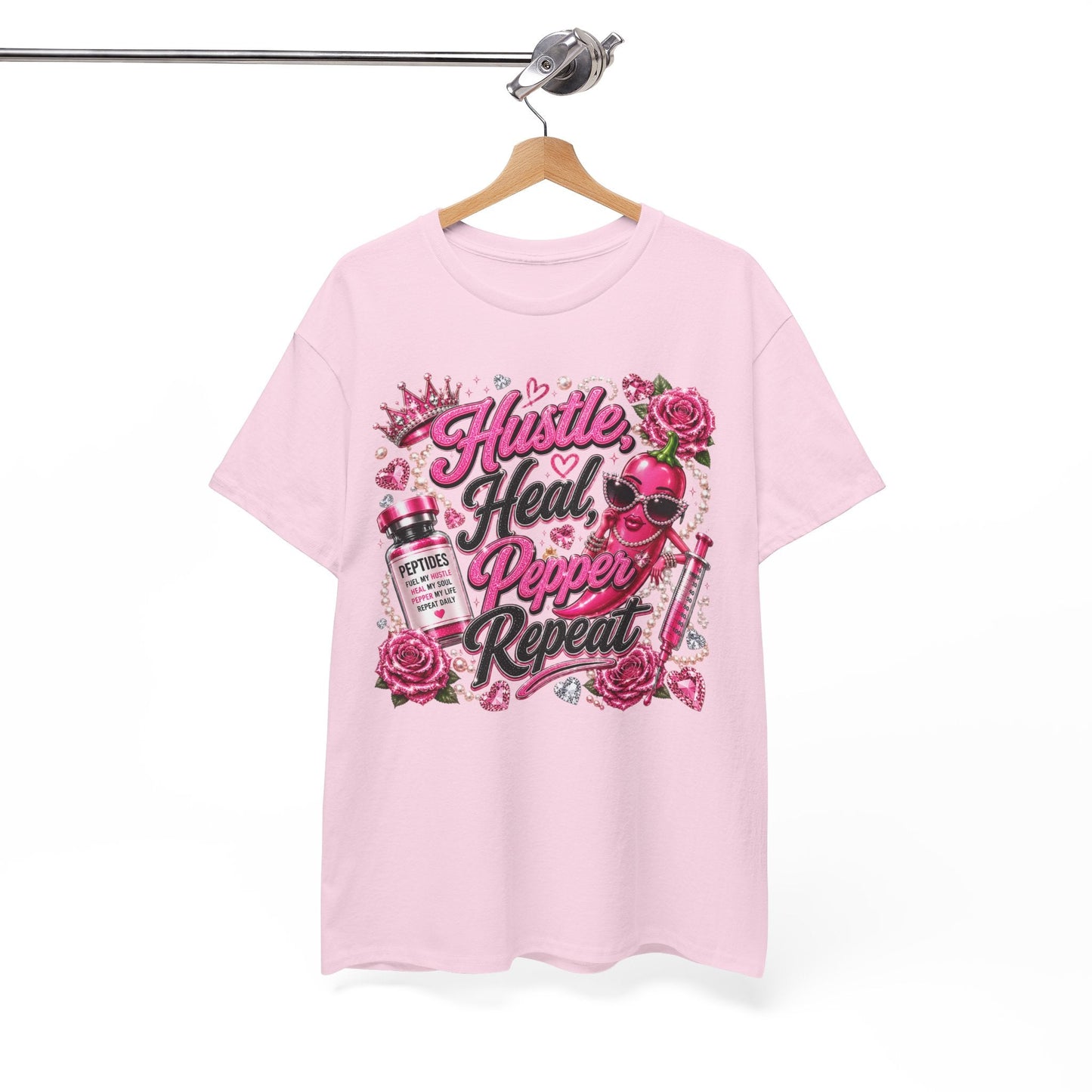 Hustle Heal Pepper Repeat Graphic Tee — Pink Skull & Roses Nurse/Medical Humor Shirt - Pureblissllc