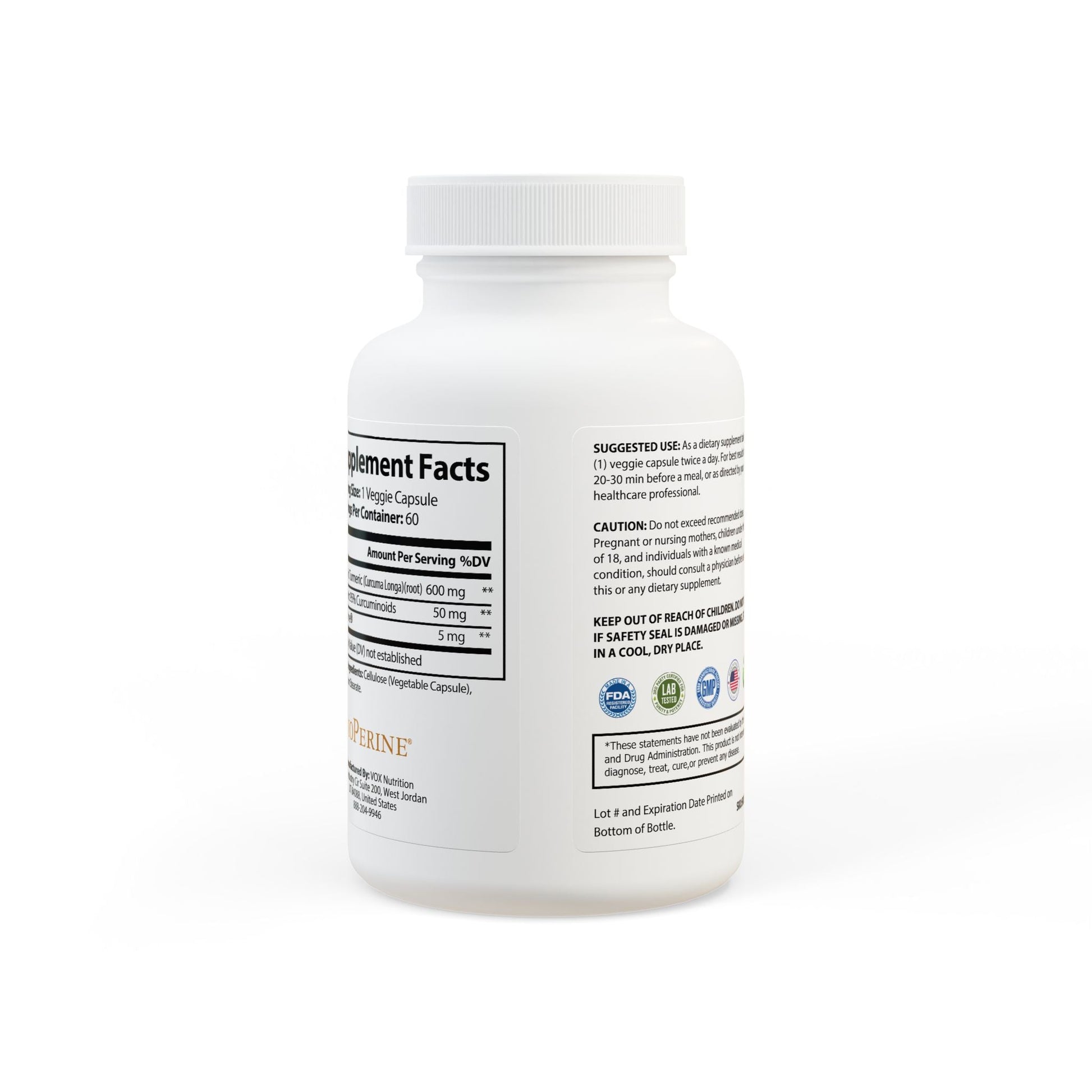 Turmeric with BioPerine® (Black Pepper Fruit Extract) Supplement (60 Capsules) - Pureblissllc