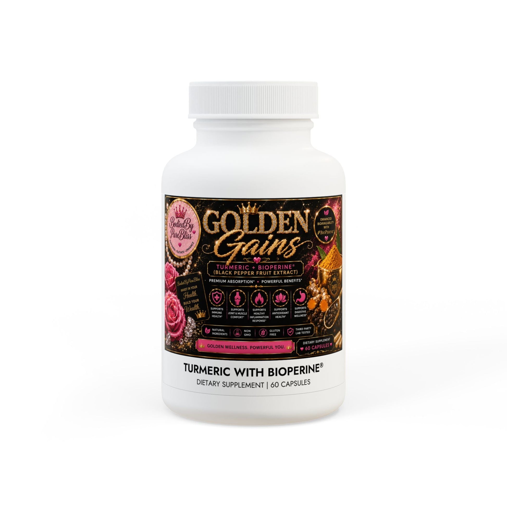 Turmeric with BioPerine® (Black Pepper Fruit Extract) Supplement (60 Capsules) - Pureblissllc